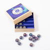 Box of 25 cosmos marbles in blue multicolour frosting from Billes & Co